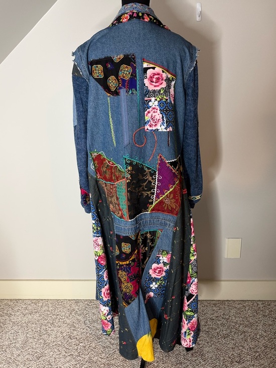 AMBER STUDIOS One Of A Kind Denim Jean Maxi Coat Duster Art To Wear Boho Large - Picture 13 of 16